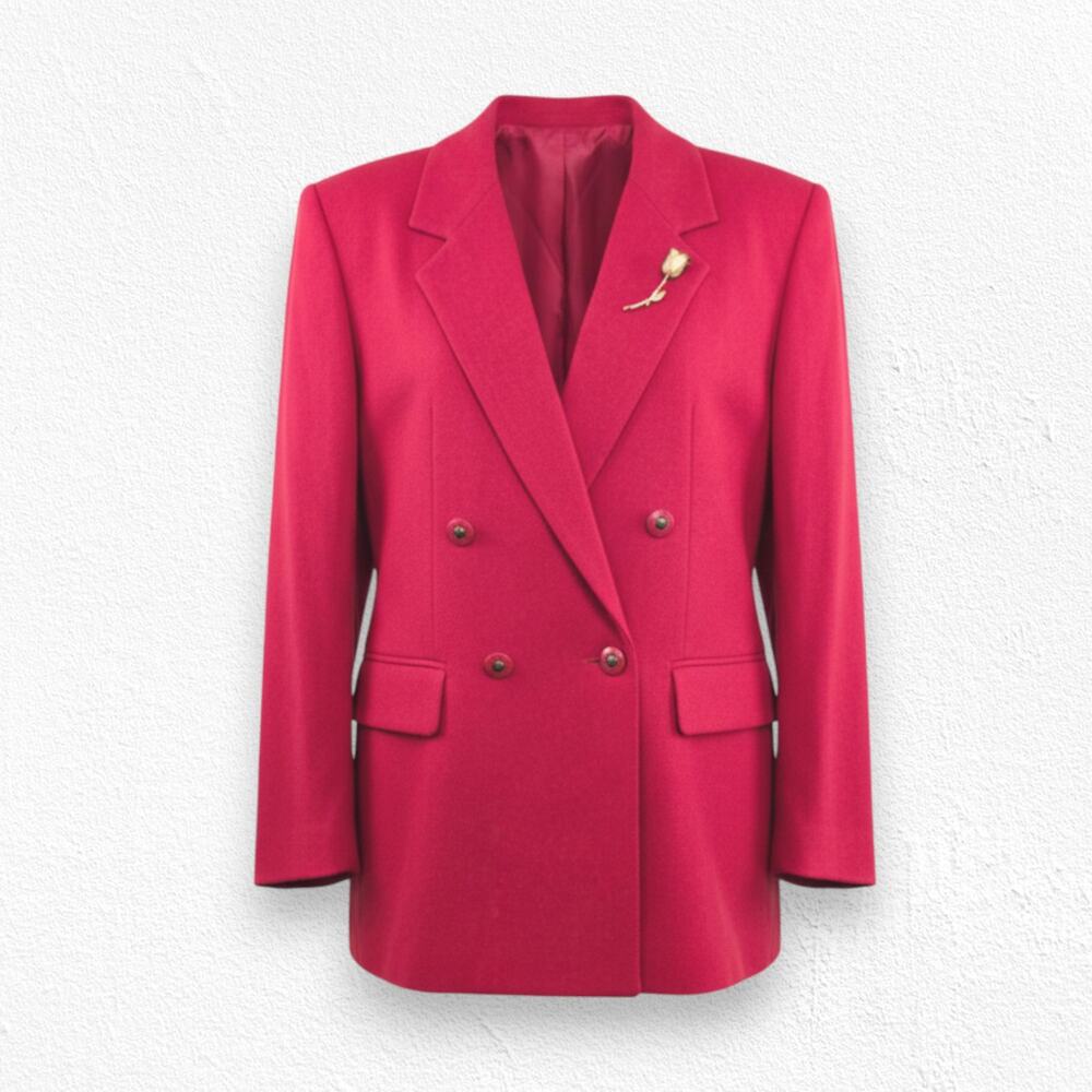 Vintage 80s Red Wool Blend Double Breasted Blazer Coat with Rose Broach Size 14